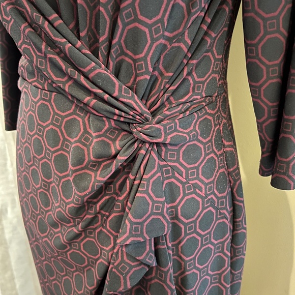 Lauren Ralph Lauren Sheath Geometric Black & Red Rouched Ruffle Dress, Size 12P - Picture 3 of 13